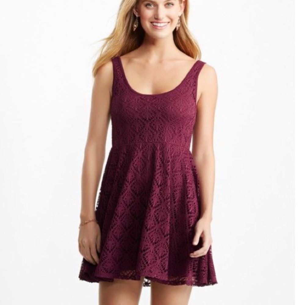 Maroon/Plum Lace Overlay Fit and Flare Dress